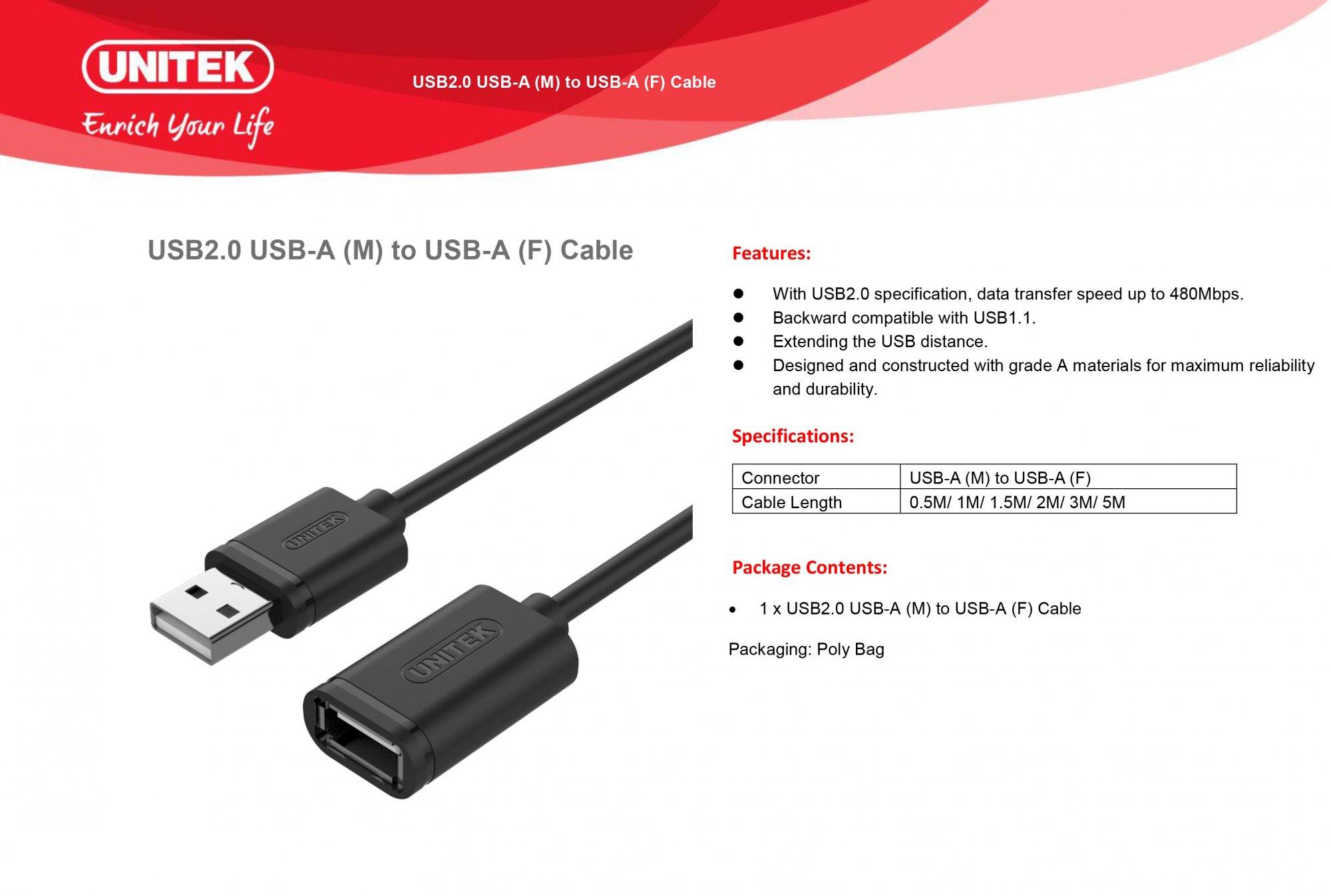 CÁP USB NỐI DÀI 2.0 UNITEK Y-C449GBK