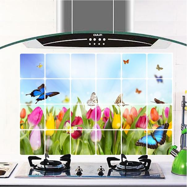 Decal nhôm dán bếp hoa tulip hồng