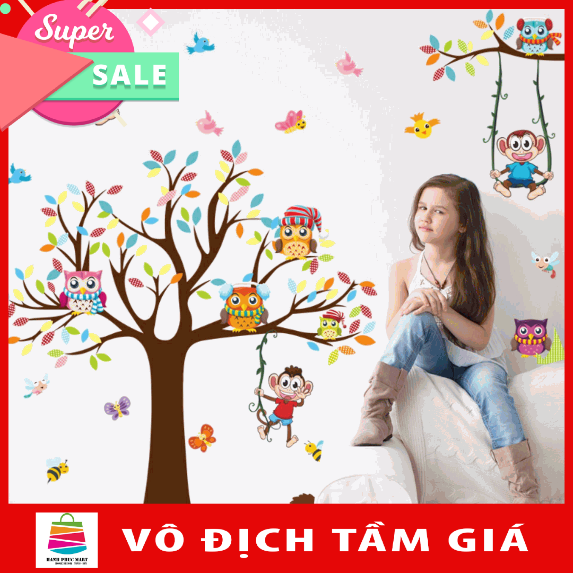 Decal dán tường động vật vui đùa trên cành cây XL8192
