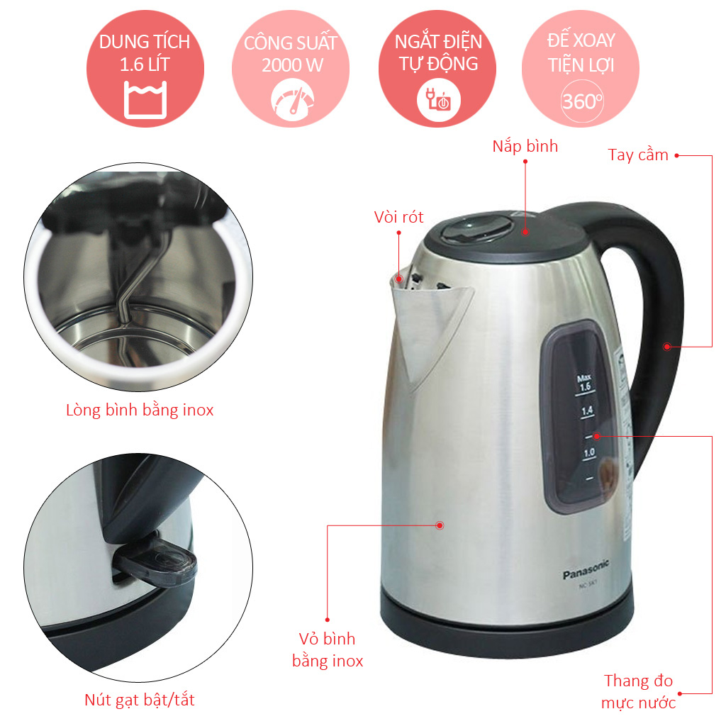 Ấm siêu tốc Panasonic NC-SK1BRA 1.6L