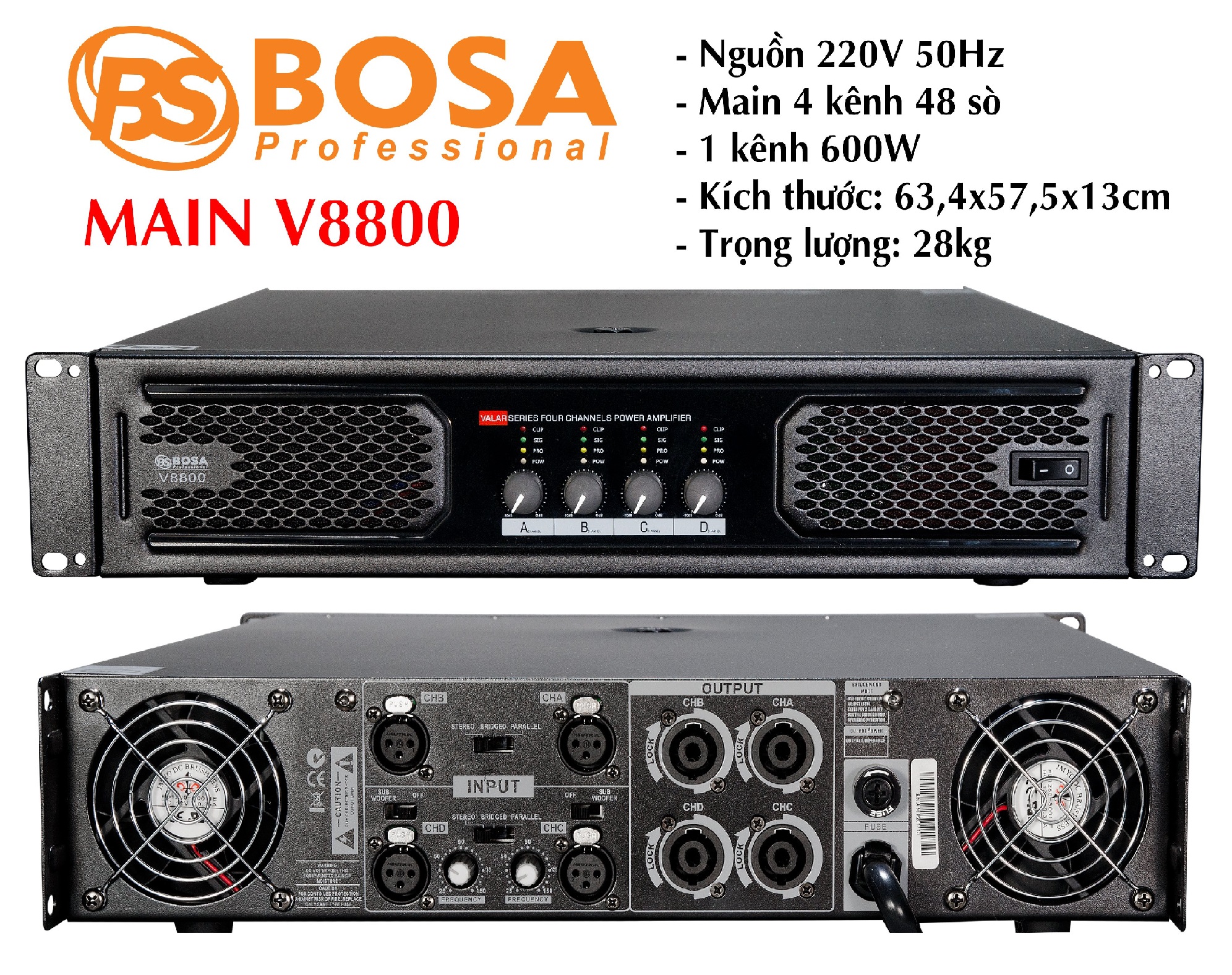 Cục đẩy công suất 4 kênh Bosa V8800 (48 sò)
