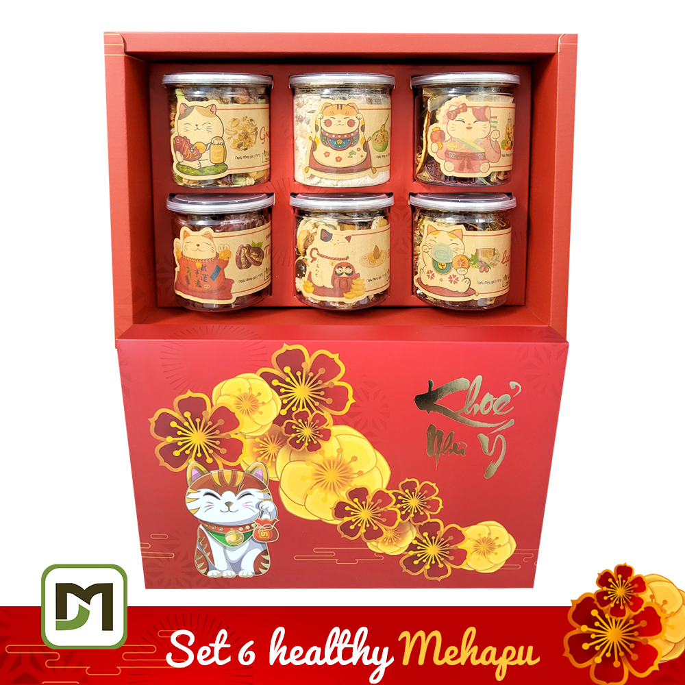 Hộp quà Tết Mèo Chiêu Tài Set Healthy 6 món Mehapu bánh Hạnh Phúc Bột