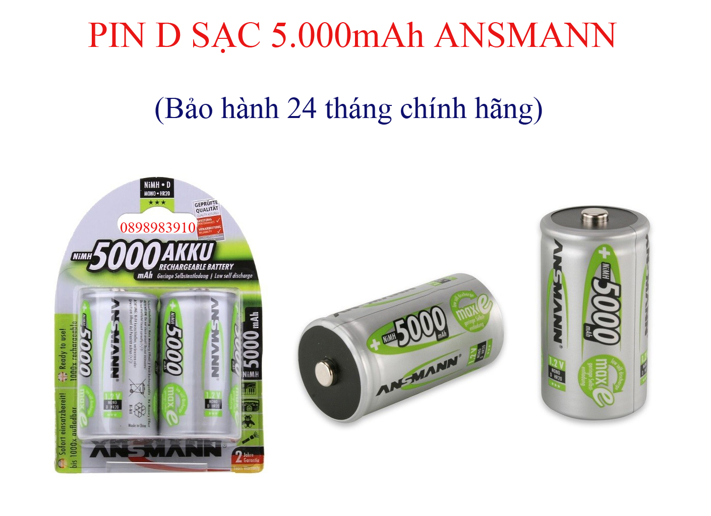 Pin đại sạc D ANSMANN 5000mAh NiMH HR20 BL2