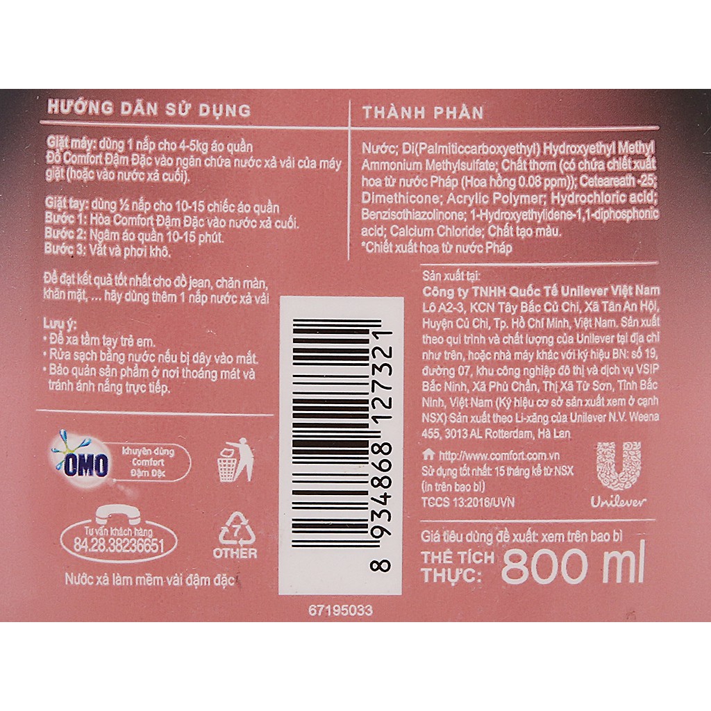 Nước xả Comfort nước hoa Lillie 800ml