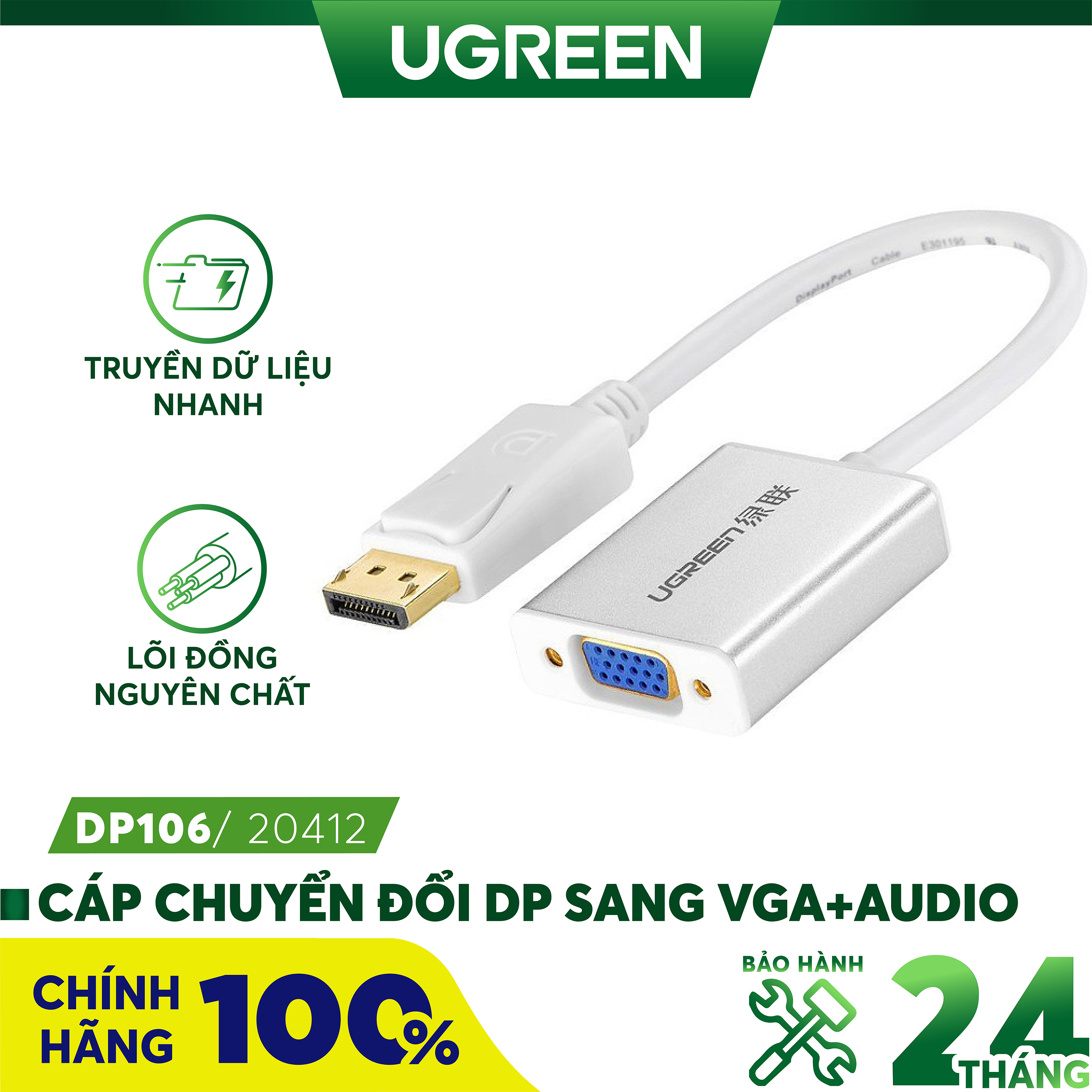 Cáp chuyển Displayport to VGA + Audio Ugreen 20412