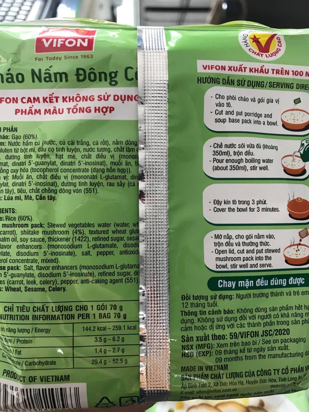 Cháo Nấm Đông Cô VIFON 70g combo 5 gói