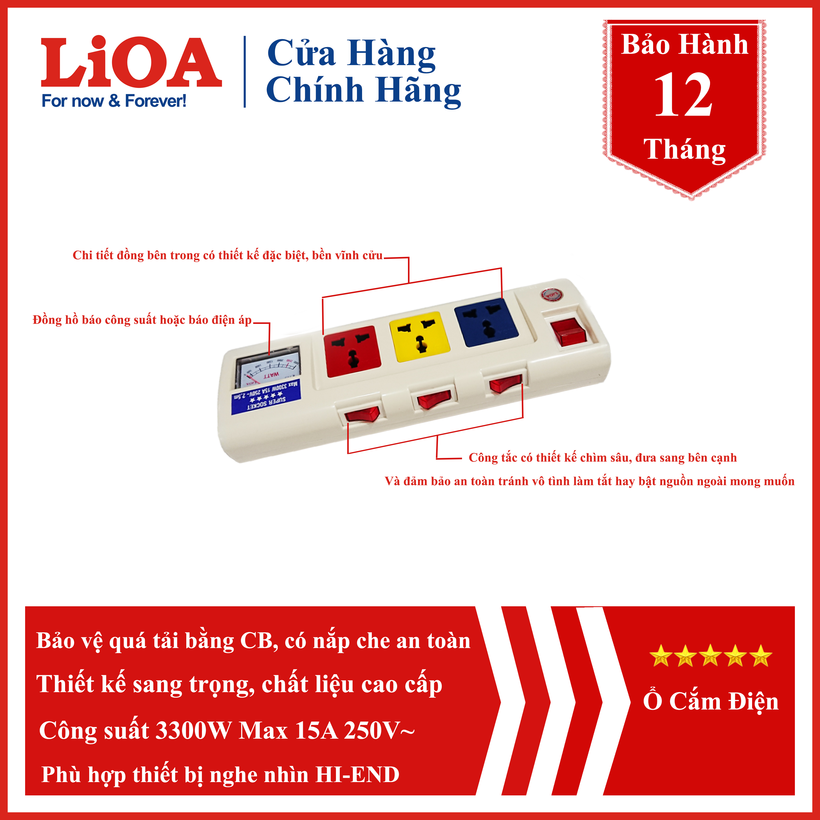 Ổ cắm công suất lớn 3 lỗ 2,5m Lioa 3OFSSA2.5-2
