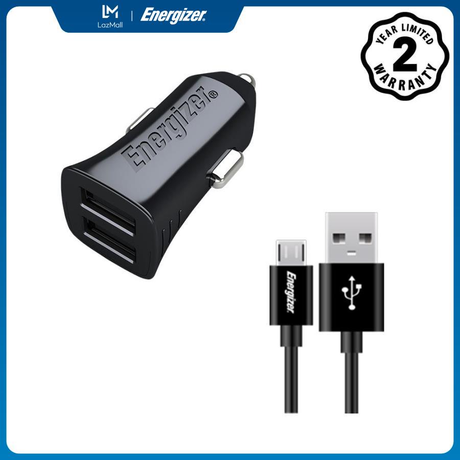 Sạc ôtô 2 cổng Energizer 2.4A DCA2BHC23 + Kèm cáp USB-Type C 2.0