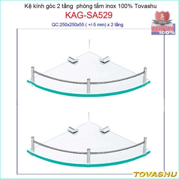 Kệ kính góc 2 tầng nhà tắm, kệ kiếng phòng tắm Tovashu KAG-SA529