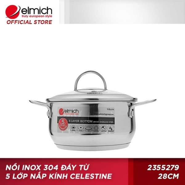 Nồi inox đáy từ 5 lớp cao cấp có vung kính Celestine Elmich 2355279 28cm (Bạc)