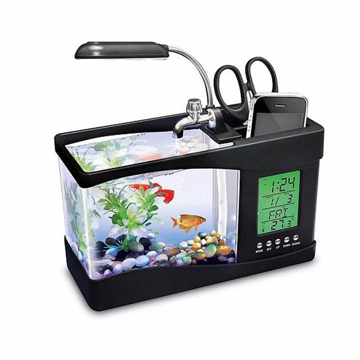 Bể cá mini kiêm đồng hồ để bàn sang trọng_(Màu đen)