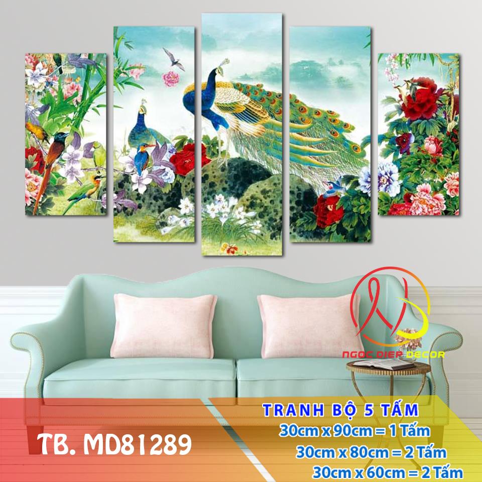 [Sale] Tranh gỗ treo tường Chim công MD81289- Tranh gỗ treo tường 3D [5 tấm rộng 1,5m cao 0,9m] SuperDecor