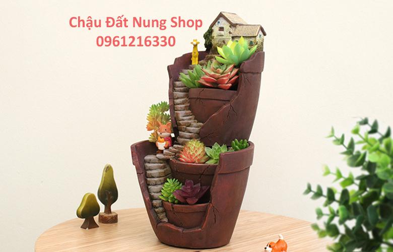 Chậu kiểu Nhà nhỏ bậc thang dài, Chậu trồng cây, Chậu hoa, Chậu đẹp, Chậu tiểu cảnh, Chậu đất nung, chậu đáng yêu, Chau trong cay