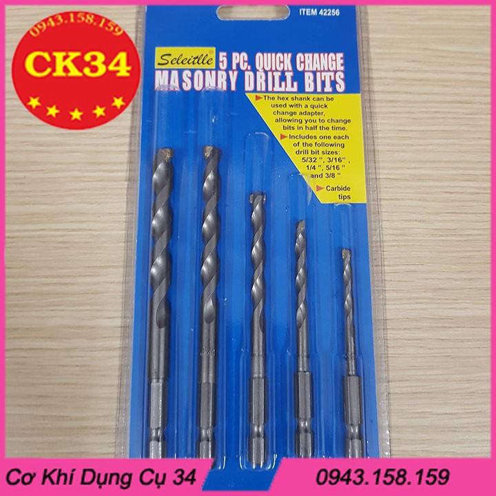 Bộ 5 mũi khoan bê tông chuôi lục giác 4 - 10mm cho khoan pin, điện