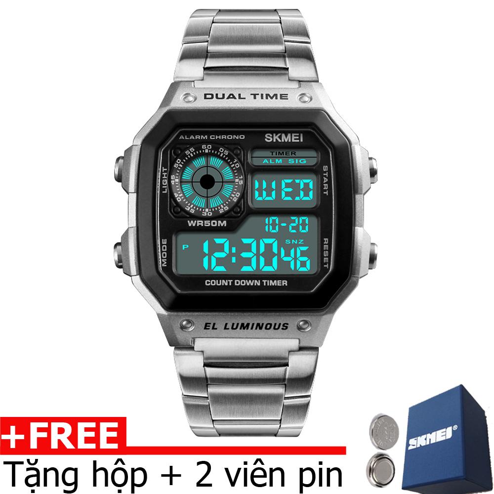 Đồng hồ thể thao nam Skmei D044 Digital Watch chạy 2 múi giờ dây thép không gỉ