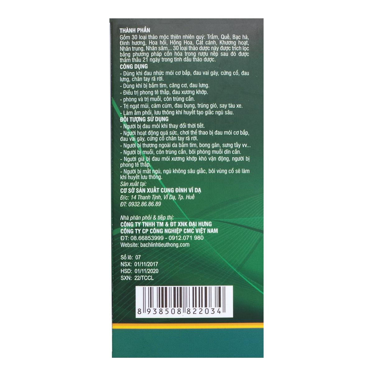 [HCM]Dầu Xoa Bóp Bách Linh Tiêu Thống 60ml