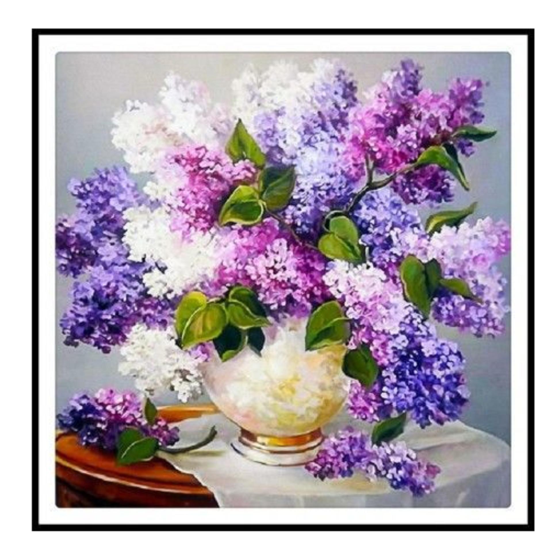 Tranh đính đá 5D Bình Hoa Lavender tím