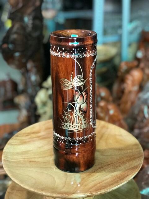 Ống gỗ đựng nhang (hương) bàn thờ, phòng thờ, ống nhang gỗ khắc nổi hoa sen cao 32cm, sơn PU