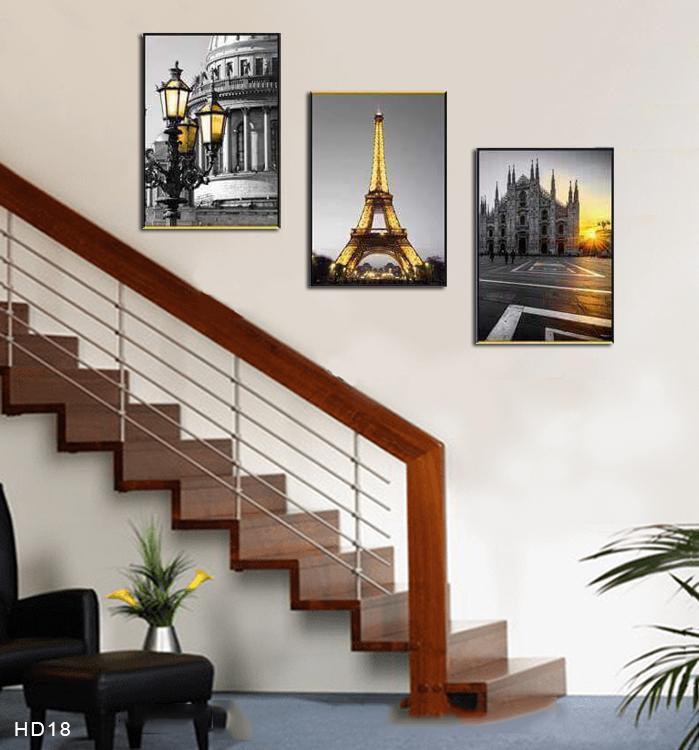 Tranh dán tường Cầu Thang Paris nắng vàng hiện đại, tranh trang trí in sắc nét rực rỡ