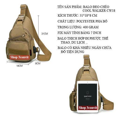 [HCM]Balo Đeo Chéo Quân Đội COOL WALKER 18 Có Cổng Sac USB