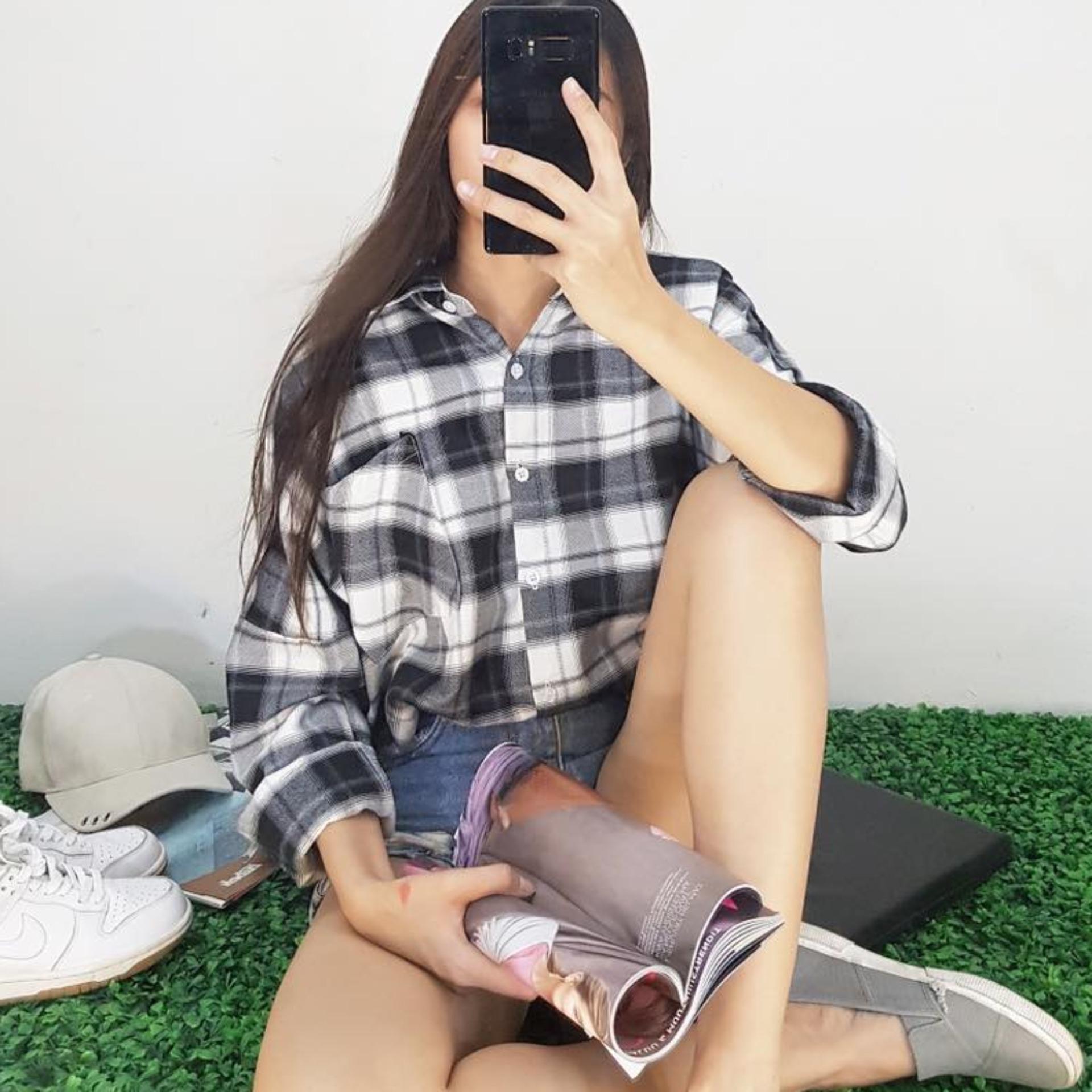 Áo sơ mi sọc Oversize sọc caro Đen-xám-trắng