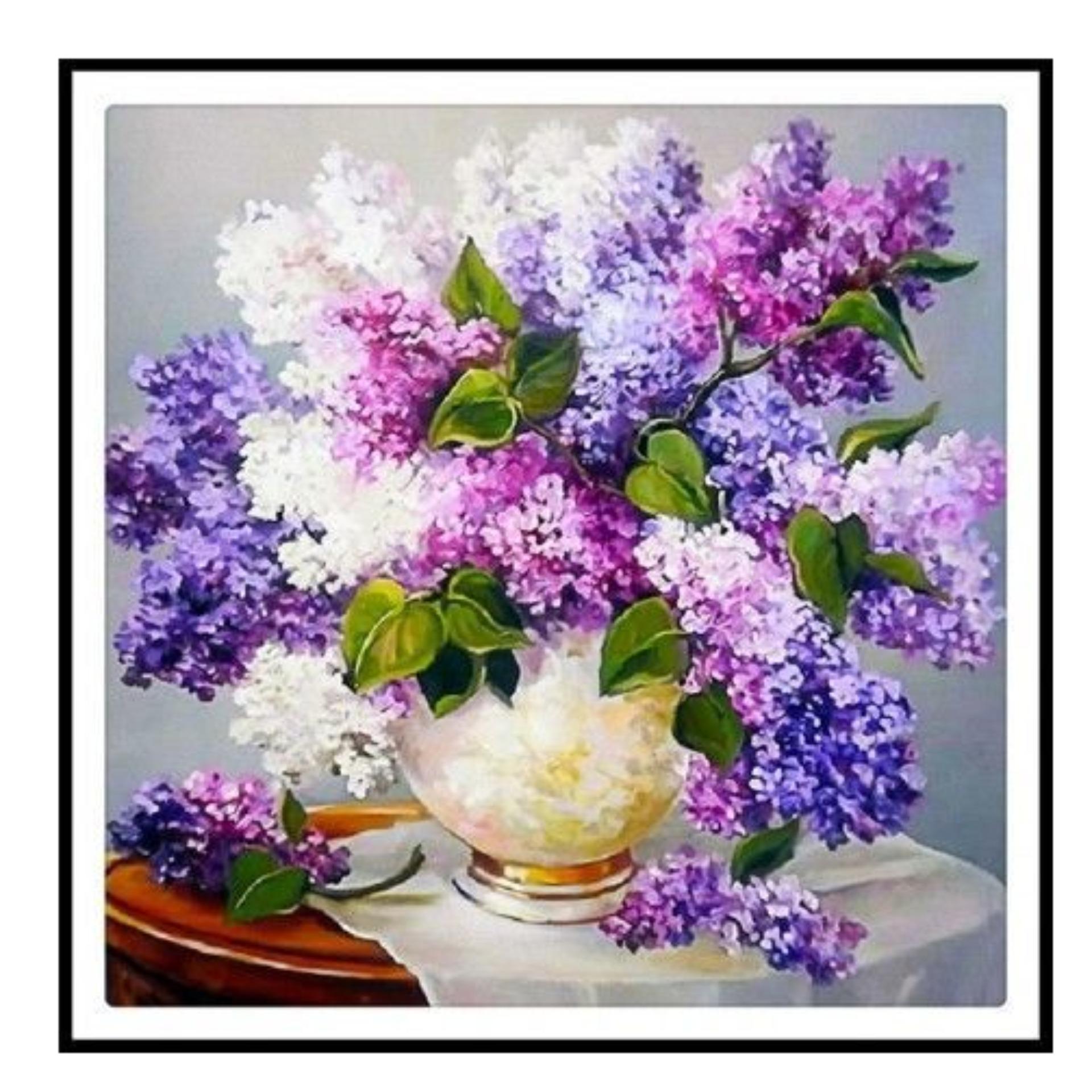 Tranh đính đá 5D- Bình Hoa Lavender tím