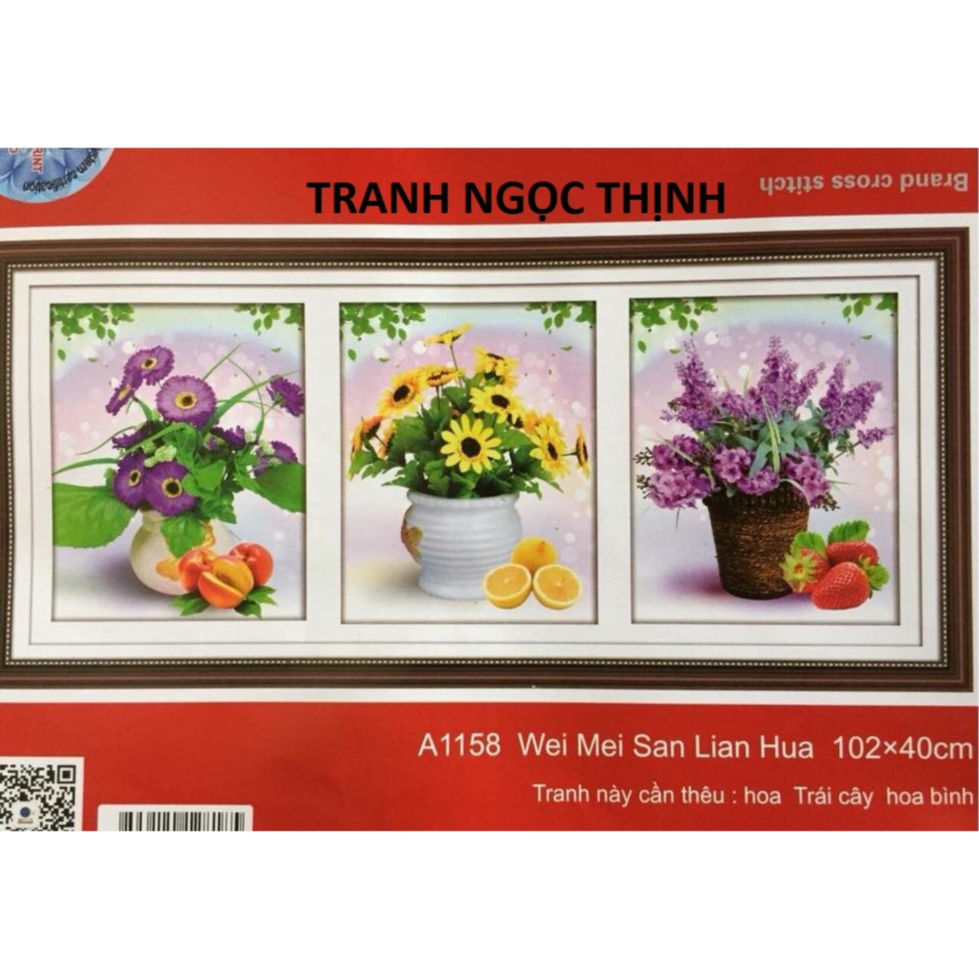 Tranh thêu chữ thập Bình hoa 3 bức DLH-YA1158-Ngọc Thịnh