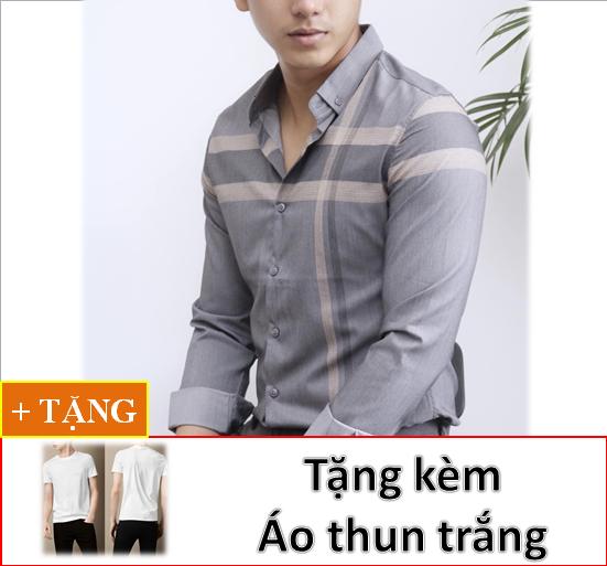 Áo sơ mi nam tay dài cao cấp khoi8781+ tặng kèm áo thun trắng