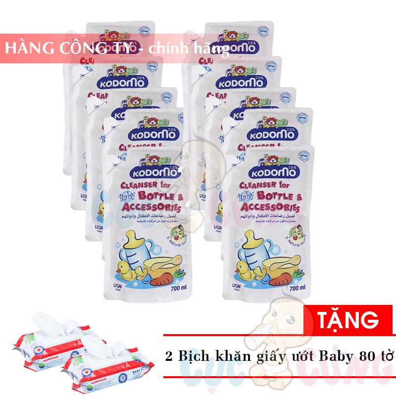 Bộ 10 bịch nước rửa bình sữa KODOMO TẶNG 2 bịch khăn giấy ướt 80 tờ