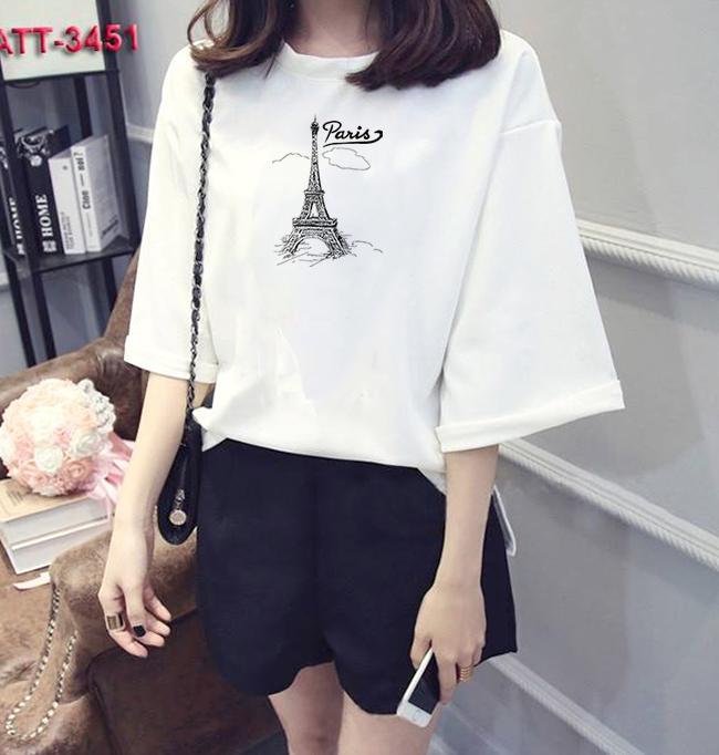 [Hoàn Tiền 15%] Áo thun nữ tay lỡ form rộng in hình Paris vải dày mịn TEEWOTL84