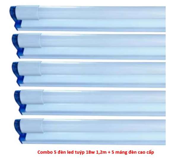 Combo 5 bóng đèn led tuýp T8 thủy tinh1,2m 20w + 5 máng đèn cao cấp