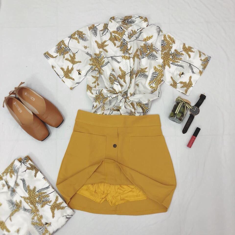 Set chân váy vàng mix sơmi họa tiết Summer