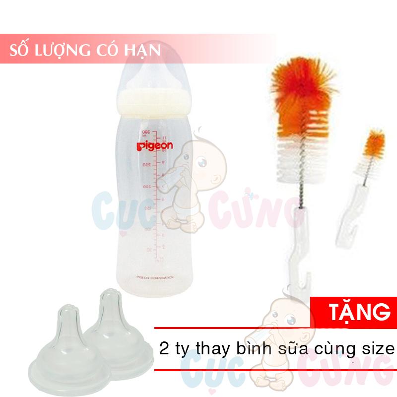 Bình sữa nhựa cổ rộng Pigeon PP 330ml + 1 cọ rửa bình sữa Tặng 2 ty thay binh sua cùng size