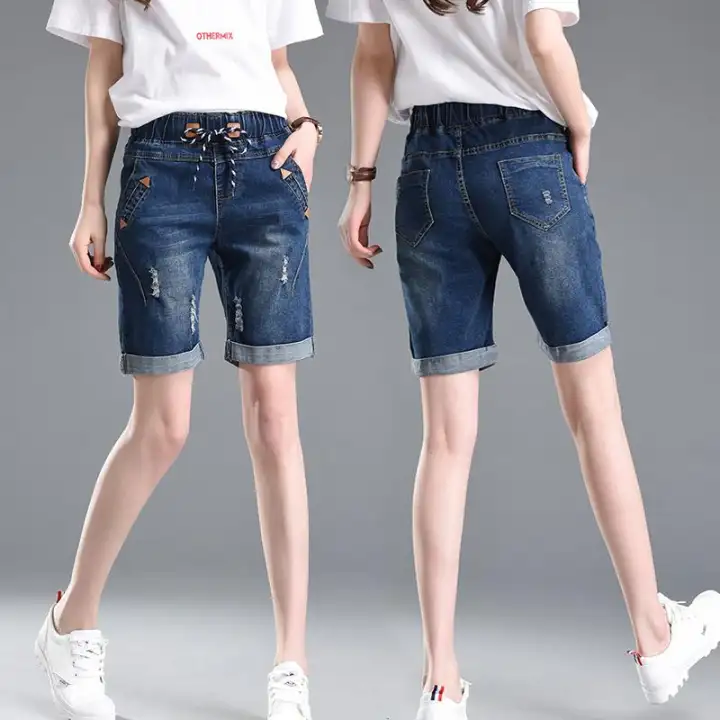 Women S High Waisted Ripped Denim Shorts Dark Blue Color Lazada