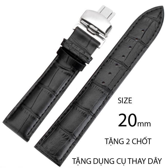 Dây đồng hồ da bò cao cấp SIZE 20mm ( Da đen) kèm khóa bướm thép không gỉ 316L (Bạc)
