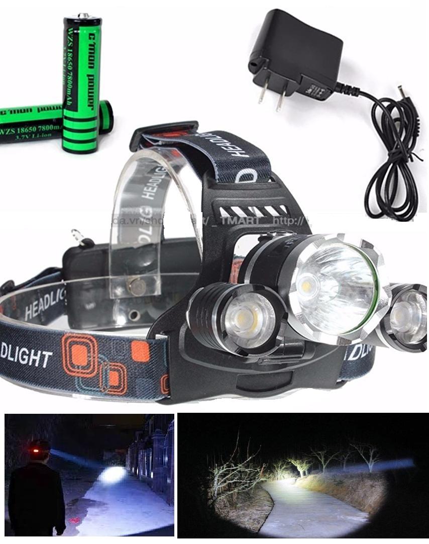 Đèn pin đội đầu 3 bóng siêu sáng sử dụng 2 pin sạc 18650 + Tặng 2 Pin sạc và Adapter