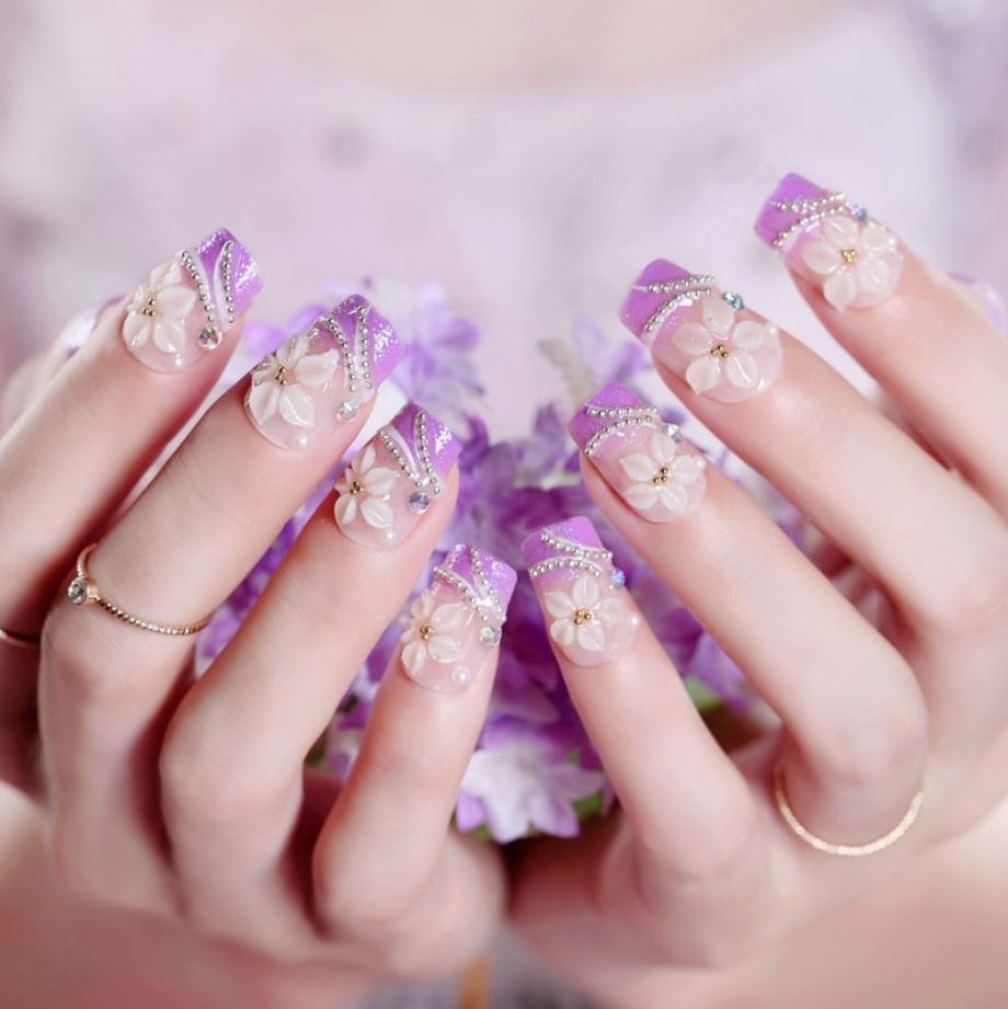 Bộ 24 móng tay giả tím đính đá (keo sẵn)