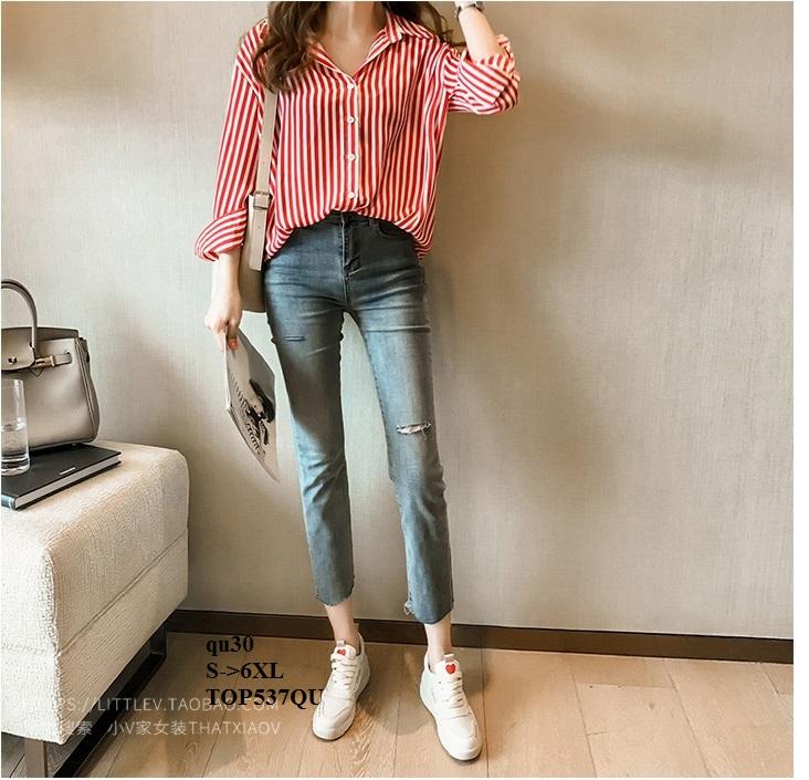 TOP537QU ÁO SƠ MI NỮ KẺ SỌC DÀI TAY