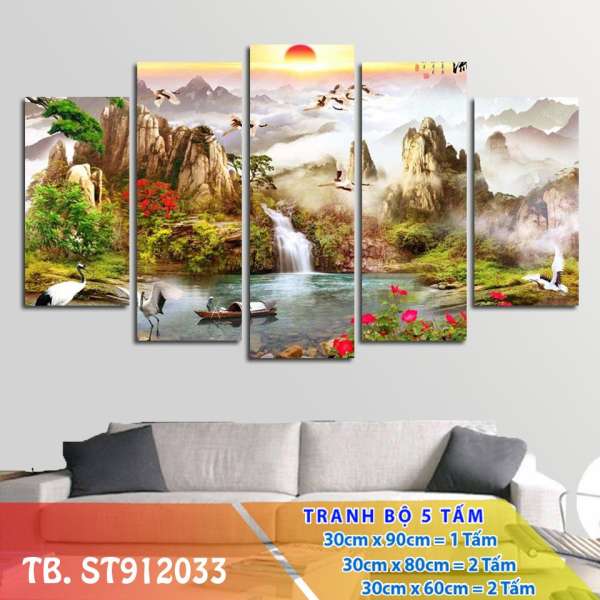 [Sale] Tranh Trang Trí Thác nước sơn thủy ST912033- Tranh treo phòng ngủ 3D [5 tấm rộng 2m cao 1,2m] SuperDecor