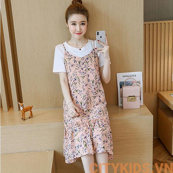 Đầm Bầu Sét Yếm Hoa Nhí - Hồng