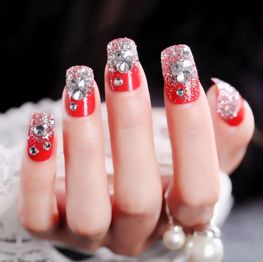 [HCM]Bộ 24 Móng Tay Giả Đỏ Đính Đá (keo dán sẵn)