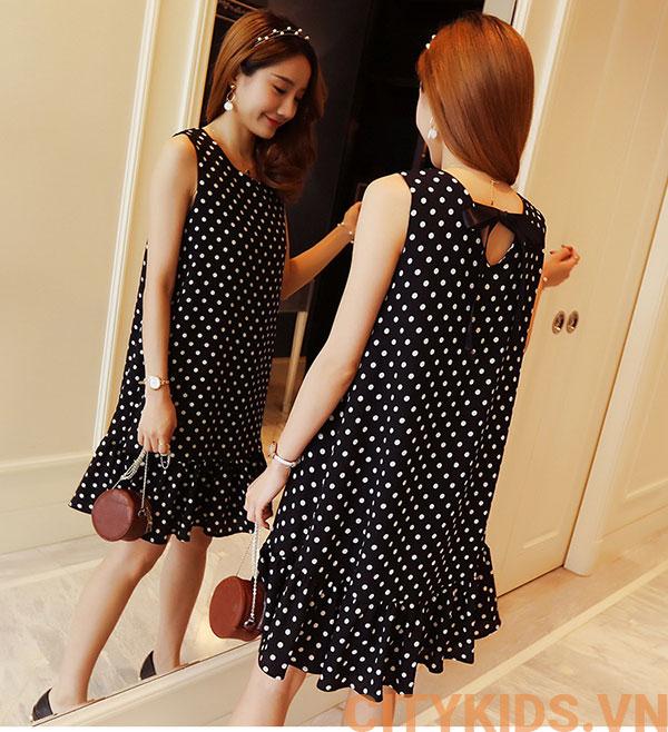 Đầm ( Váy) Bầu Dáng Suông Đuôi Cá Chấm Bi