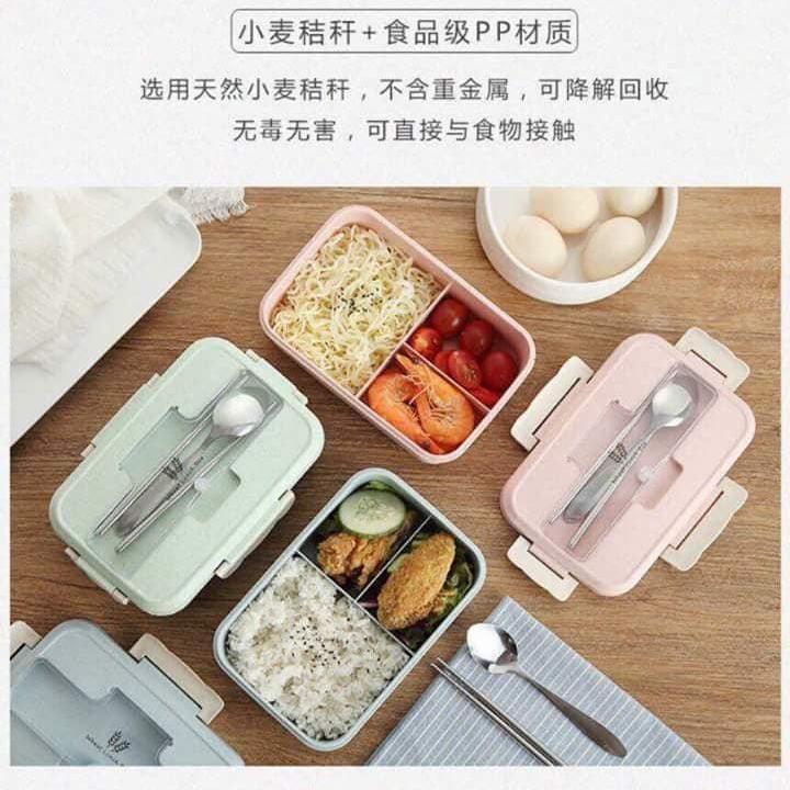 Hộp Đựng Cơm Chia 3 Ngăn Chất Liệu Lúa Mạch Giữ Nhiệt Tặng Kèm Đũa Thìa Dùng Được Lò Vi Sóng