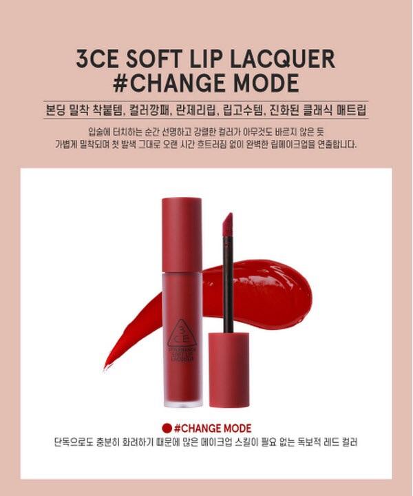 Son kem lì 3CE soft lip lacquer _ Change Mode ( đỏ lạnh)