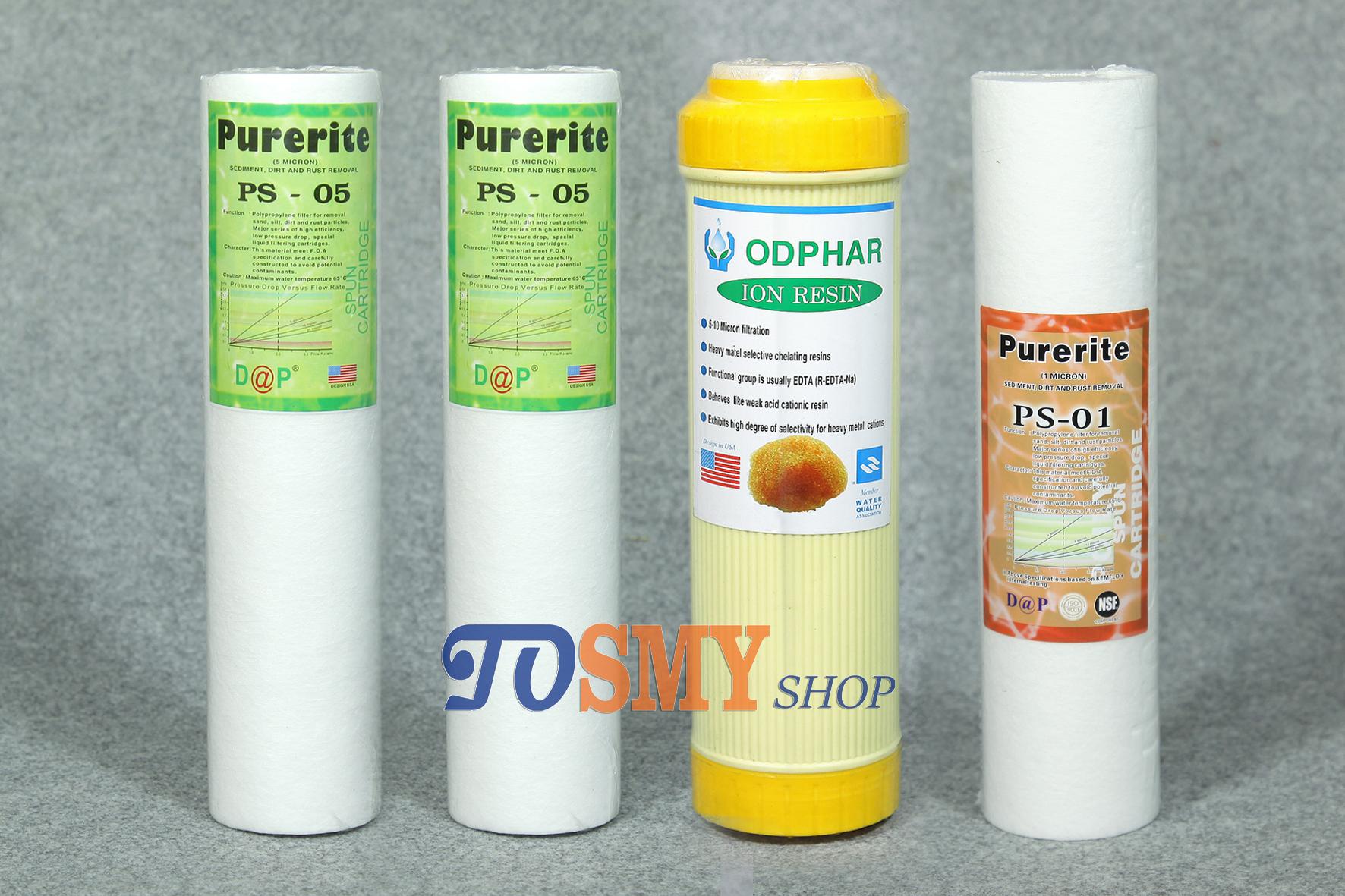 [HCM]Bộ sản phẩm 4 lõi lọc 123 (2 PP 5mic + CATION + PP  1mic) 10inch