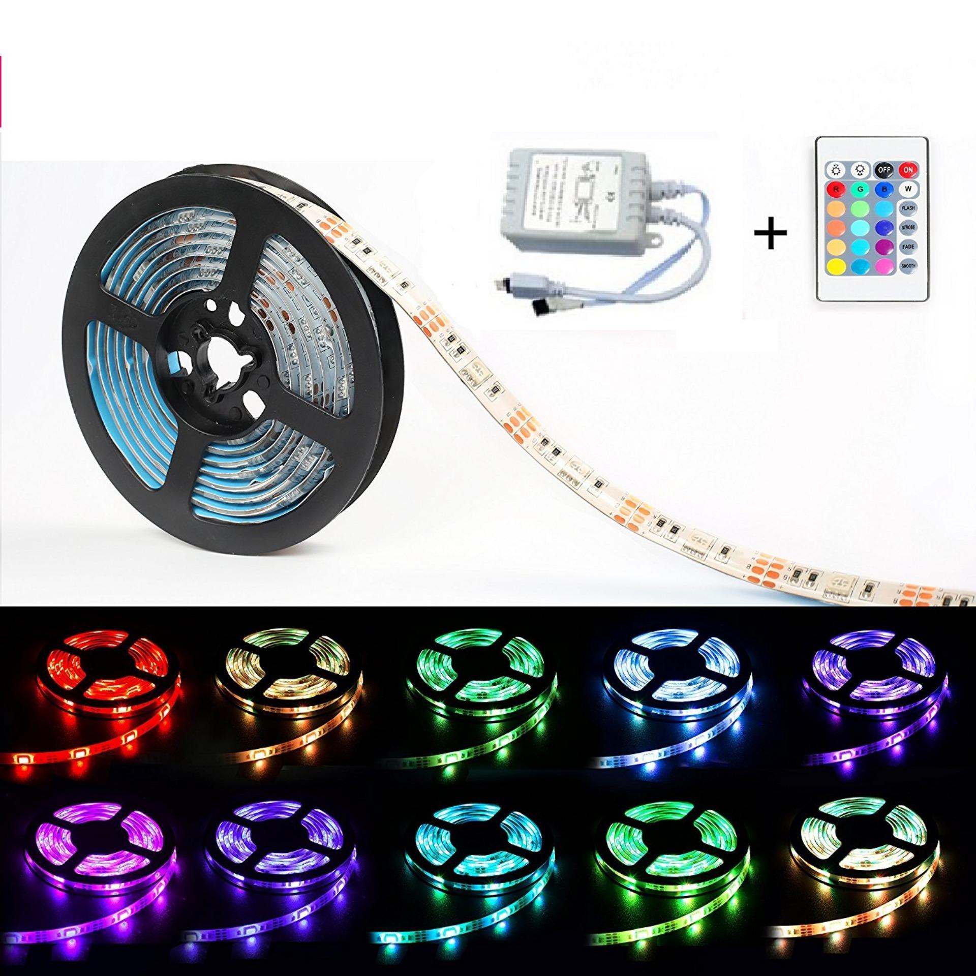 Bộ đèn LED dây dán 5050-5m phủ keo silicon đổi 7 màu RGB + Nguồn + Khiển thường 5m