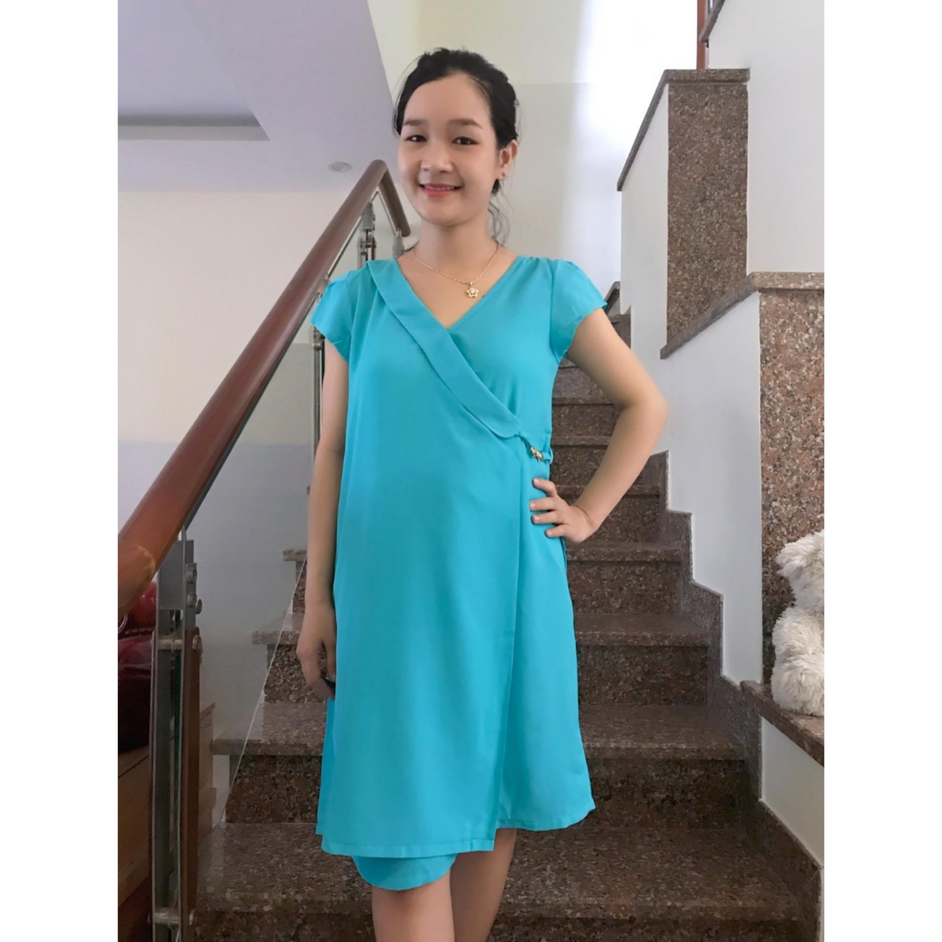 Đầm bầu khoen vest có tay (xanh ngọc)