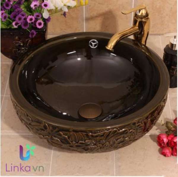 Chậu rửa lavabo gốm sứ nghệ thuật – Hoạ tiết khắc nổi màu nâu đất