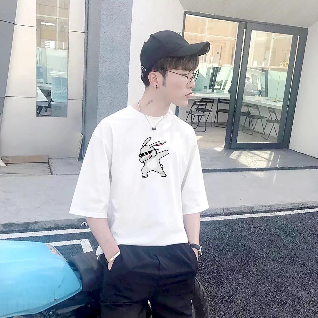 Áo thun tay lỡ nam Hàn Quốc in hình thỏ nhảy Dabing dễ thương vải dày mịn DEATLTL2
