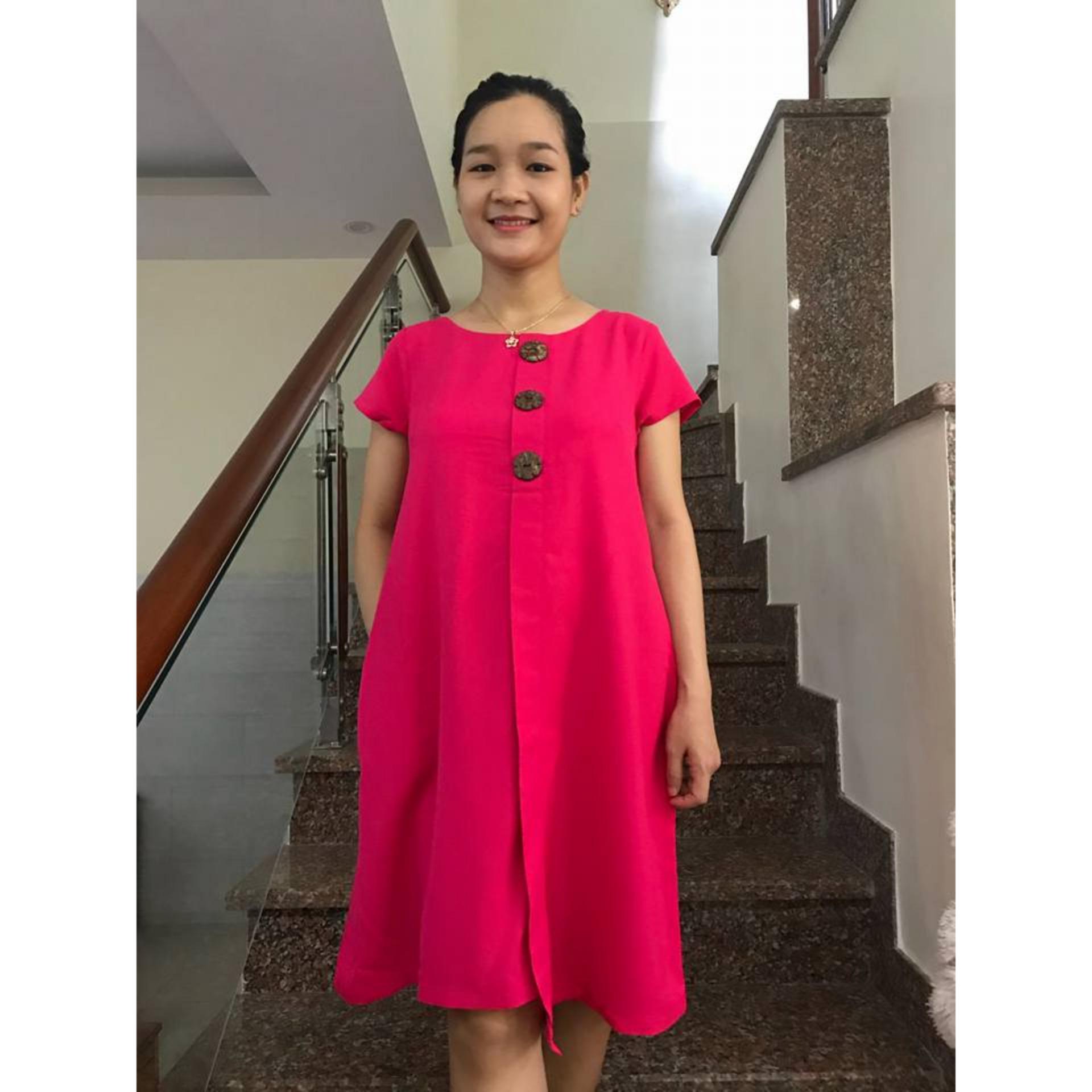 Đầm bầu nút dừa vạt xéo (hồng tươi)